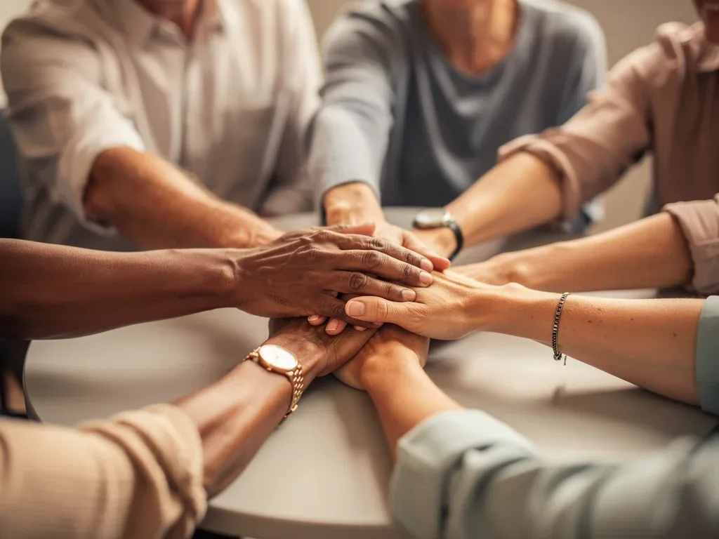 Hands representing connection and mutual support in a community circle