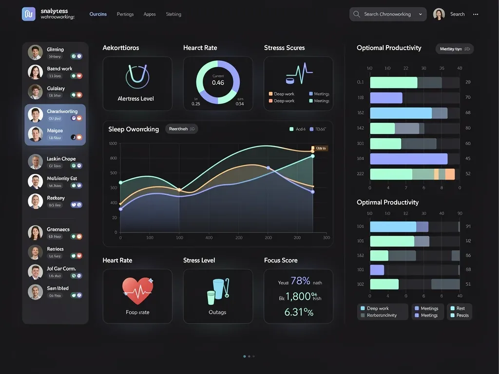 Digital dashboard showing biometric data for chronoworking, illustrating personalized work schedules and productivity metrics.