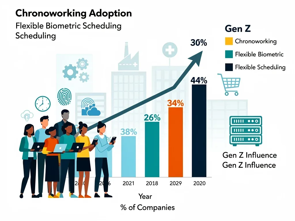 Infographic showing 40% of companies adopting biometric schedules due to Gen Z influence, highlighting growth in chronoworking.