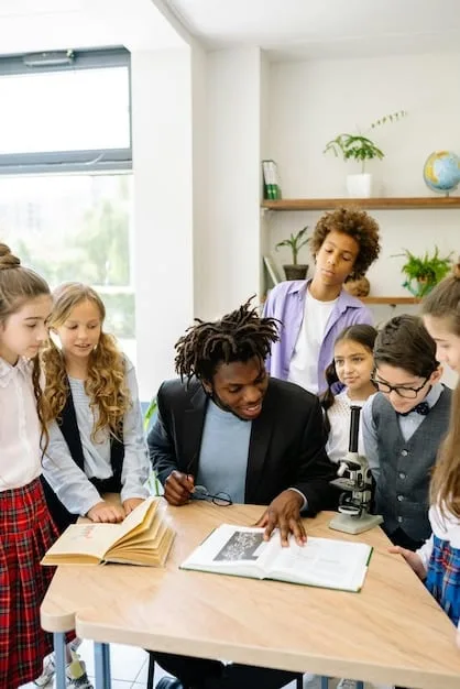 A diverse group of students and teachers engaged in a classroom discussion, focusing on different perspectives during an anti-bias training session. They are seated around a table, animatedly exchanging ideas with open body language.