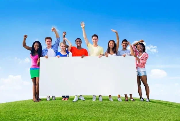 A vibrant, diverse group of young people participating in a climate march, holding creative signs with environmental slogans, against a backdrop of a city skyline with a bright, hopeful sky.