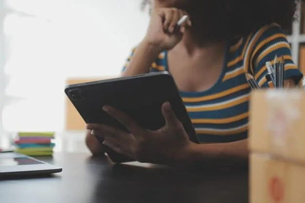 A student discreetly reporting an incident on a tablet, with a blurred school counselor in the background, symbolizing accessible and confidential reporting mechanisms within an educational setting.