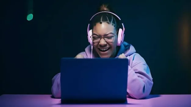 A Gen Z student wearing headphones, intensely focused on a laptop screen, surrounded by a comfortable and personalized study setup including plants and motivational posters, illustrating an ideal online learning environment.