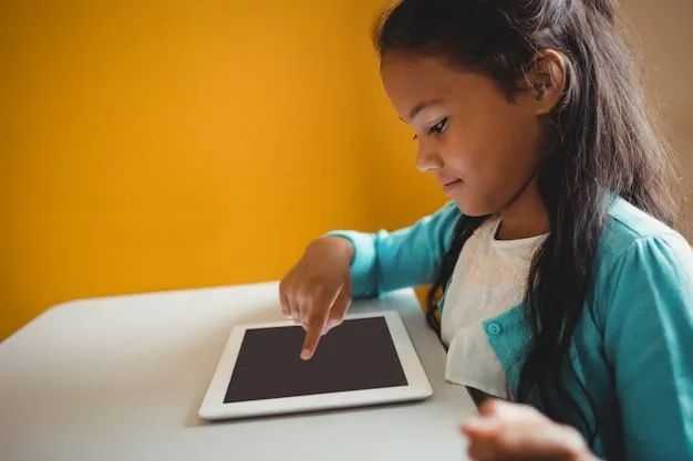 A child using a tablet in a focused manner, with an educational app open. The tablet screen shows colorful, accessible learning content, suggesting technology as a helpful tool for children with diverse learning needs. The background is a clean, modern home study space.