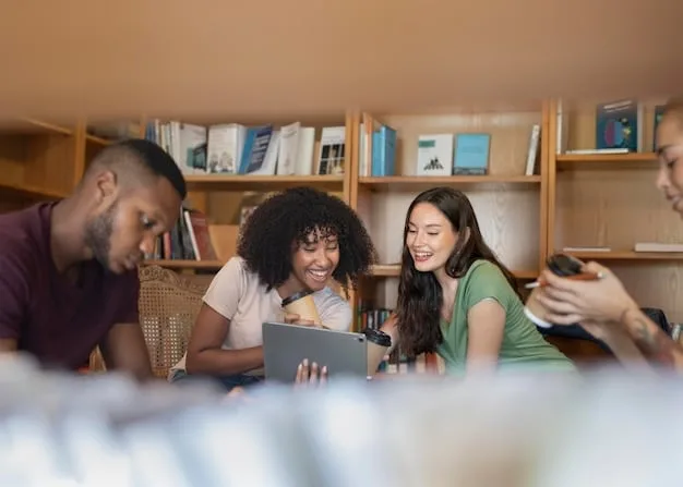 A diverse group of young adults engaged in a collaborative learning environment, possibly a university campus, with subtle visuals of financial growth charts in the background, suggesting future planning.