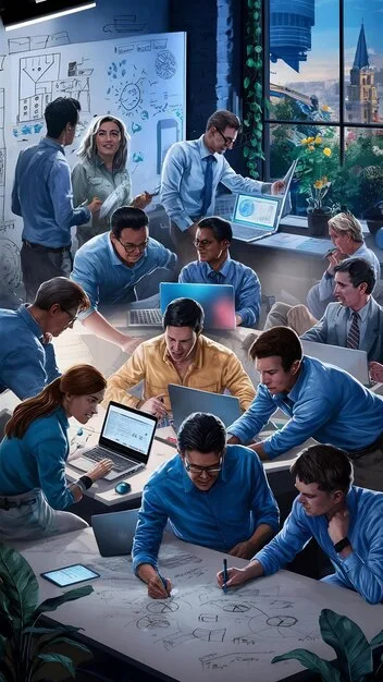 A diverse group of Gen Z individuals coding together in a modern, collaborative workspace, with