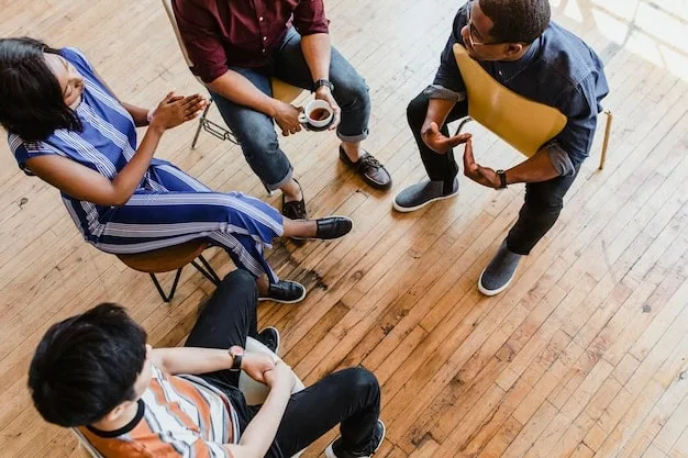 A support group of young individuals, diverse in background, sitting in a circle and engaging in open discussion, signifying a safe space for mental health and body positivity. Some are actively listening, others are sharing.