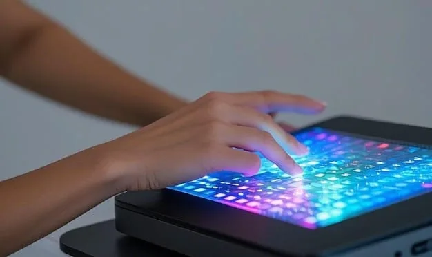 A close-up of a student's hand interacting with a holographic educational projection, showcasing advanced personalized learning technology in a futuristic classroom. The student appears engaged and focused.