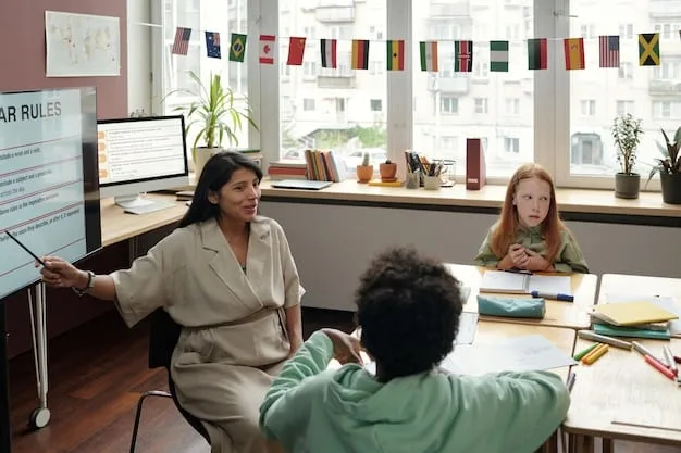 A teacher actively facilitating a small group of students in a flexible classroom, providing individualized attention while other students work independently on personalized learning modules. The scene emphasizes teacher-student interaction within a personalized framework.