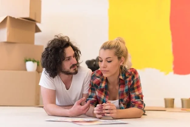 A young Gen Z couple enthusiastically discussing plans for a small, modern home, perhaps reviewing architectural drawings or looking at a screen with design ideas, reflecting their innovative approach to homeownership.