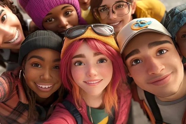 A diverse group of Gen Z avatars, each uniquely customized with vibrant colors, various styles of clothing, and expressive features, standing together in a futuristic virtual city landscape, showcasing diversity and creativity.