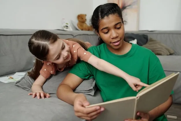 A child and parent reading a book together about feelings, with expressions of curiosity and understanding on their faces.