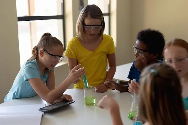 A teacher smiling and interacting with a small group of Gen Z students gathered around a table, emphasizing positive relatedness and collaborative learning in a modern classroom setting.