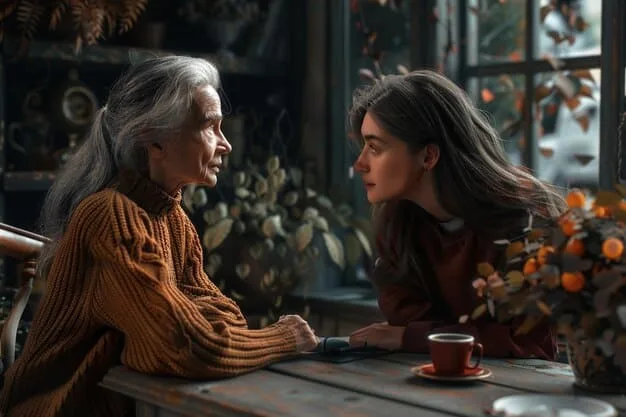 A grandmother and granddaughter engaged in a warm conversation, representing intergenerational understanding and the sharing of evolving social values.