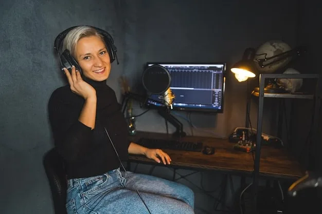 A young woman, Gen Z, is recording a podcast in a home studio setup, with a microphone and headphones, showcasing authentic content creation for direct fan engagement. Soft, warm lighting.