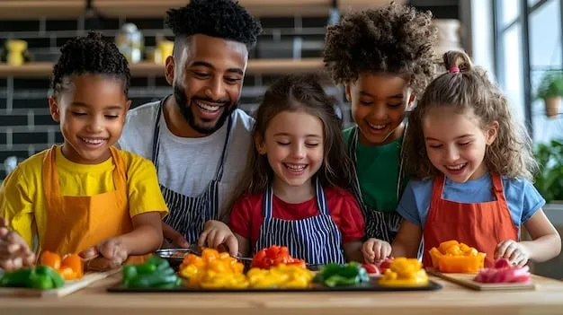 A diverse family (parents and two children) sitting around a brightly lit kitchen table, assembling a colorful and healthy meal together, smiling and engaged in the process.