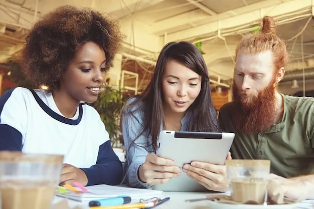 A diverse group of Gen Z individuals engaged in a lively discussion around a table, each with a laptop or tablet open, suggesting collaborative learning and shared financial strategies.
