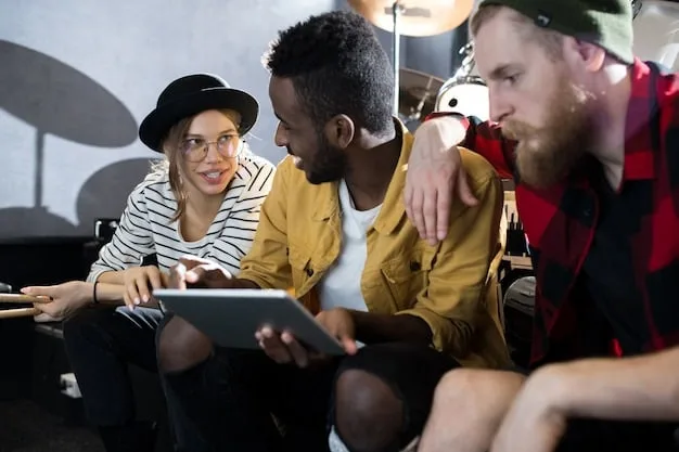 A diverse group of Gen Z individuals engaged in a media literacy workshop, looking at screens and discussing, with diagrams of critical thinking skills projected behind them.