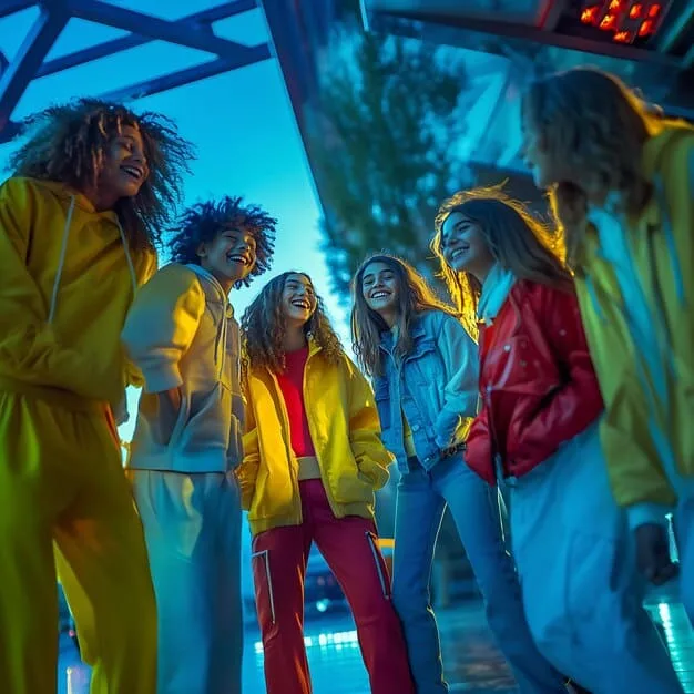 A diverse group of Gen Z concert-goers passionately enjoying a music festival, dressed in trendy merchandise, with bright stage lights and a palpable sense of communal energy.