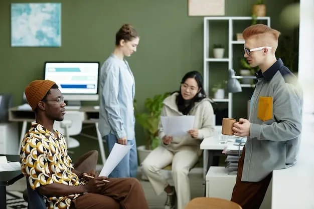 A diverse team of Gen Z employees working together in an open-plan office, engaged in a lively discussion, emphasizing collaboration and diverse perspectives.