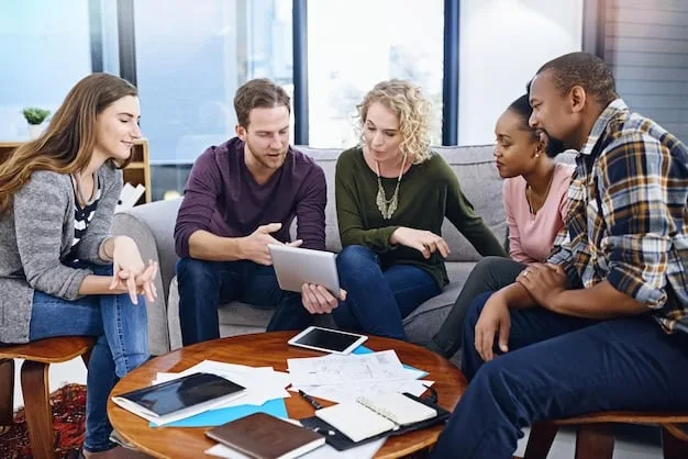 A diverse group of Gen Z individuals around a table, intensely discussing, with thought bubbles above their heads filled with political symbols and social media icons, conveying active, collaborative political engagement.