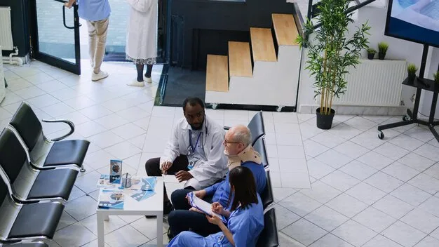 A diverse group of parents and caregivers gathered around a healthcare professional, discussing developmental milestones with charts and tablets, emphasizing collaborative monitoring.