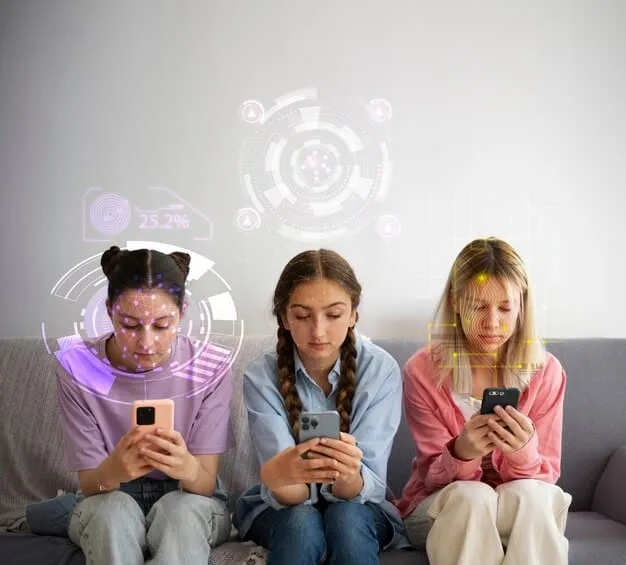 A young Gen Z individual deeply immersed in a hyper-personalized social media feed, showing various niche content streams and community interactions, with subtle AI interface elements overlaid.