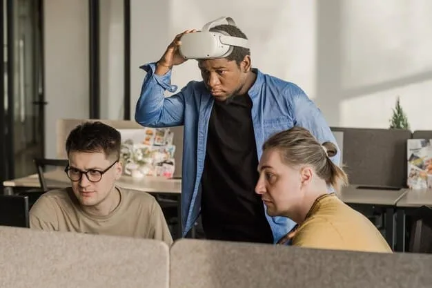 A collaborative learning scene with Gen Z students using VR headsets for an educational experience, with a teacher gently guiding them. The virtual environment is depicted as an engaging historical or scientific setting, showing technology enhancing immersive learning.