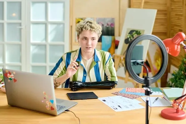 A young Gen Z content creator on a laptop, surrounded by professional audio and video equipment, actively engaged in editing or live-streaming in a modern, creatively decorated home studio environment. The atmosphere should be focused and innovative.