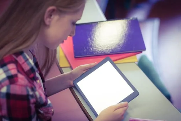A close-up of a student's hand hovering over a touchscreen tablet displaying a dynamic, interactive learning module, perhaps showing progress tracking or customizable settings, with a bright, focused lighting.