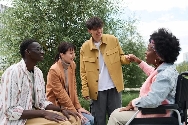 A group of young people participating in a community-based rehabilitation program, showing positive social interaction and mentorship.
