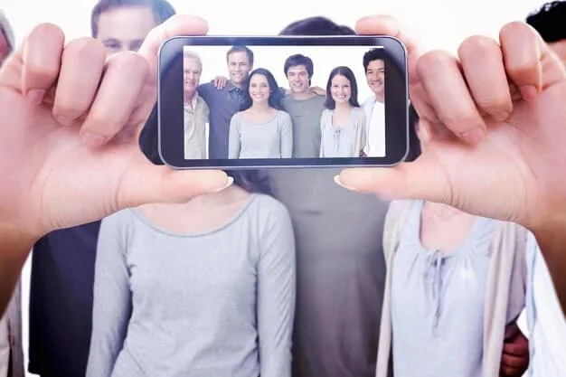 A close-up of a smartphone screen displaying a multi-person video call on a micro-social network app, with personalized avatars and custom themes visible.