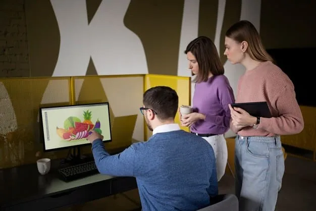 A Gen Z individual confidently presenting a digital marketing strategy on a screen, surrounded by modern office furniture and vibrant, collaborative elements, signifying their native digital fluency.