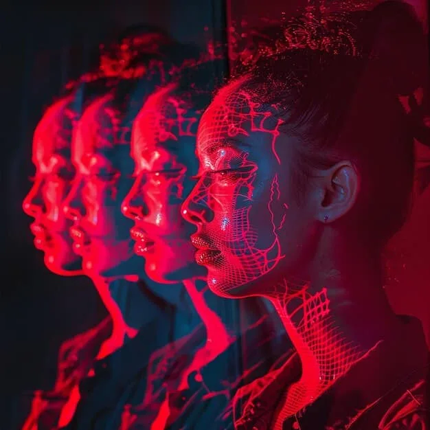 A diverse group of faces represented as data points on a screen, with some faces highlighted in red to signify errors or misidentification, illustrating the concept of algorithmic bias.