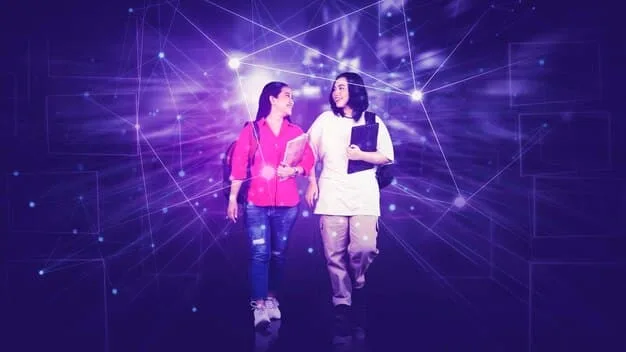 Gen Z avatars laughing and interacting in a vibrant, futuristic metaverse social hub, with glowing neon lights and diverse virtual architectures, symbolizing dynamic social connection.