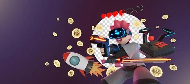 Gen Z avatars engaging in a play-to-earn metaverse game, with cryptocurrency symbols and NFT graphics overlaying the scene, representing digital ownership and economic opportunities.