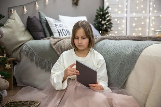 A Gen Z child reading a physical book under a cozy blanket, with a blurred tablet in the background, subtly suggesting balance between digital and traditional activities.