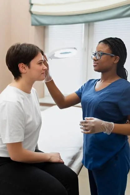 A doctor reassuring a patient with gentle eye contact, symbolizing trust and compassionate care in a clinic setting.