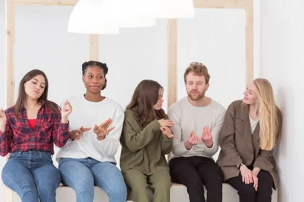 A support group of young adults sitting in a circle, engaged in a discussion led by a facilitator. The mood is one of quiet understanding and connection.
