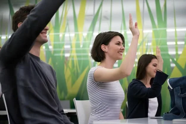 A teacher instructing Gen Z students through a mindful stretching exercise in a classroom, with natural light filtering through windows, showing a calm and attentive atmosphere.
