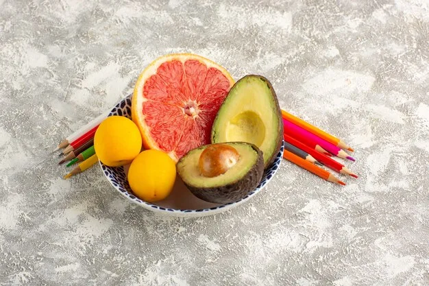 A close-up shot of various colorful, healthy foods like blueberries, avocados, walnuts, salmon, and whole-grain bread, arranged artfully to symbolize essential nutrients for brain health.