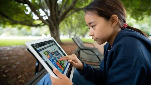 An educator reviewing data on a tablet, with complex educational analytics displayed, indicating student progress and individualized learning zones.