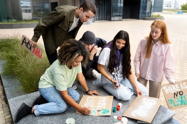 A diverse group of Gen Z students actively participating in a school community project, demonstrating teamwork and a sense of purpose.