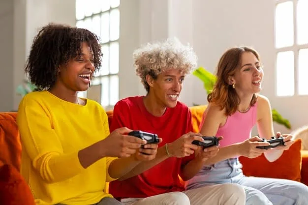 A group of Gen Z friends laughing and interacting while playing a popular online multiplayer game, emphasizing the strong social and community aspect of their gaming habits.