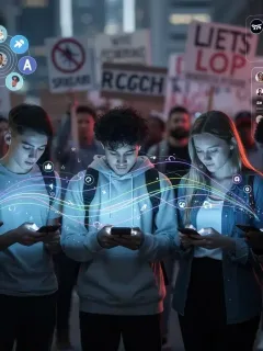 Gen Z navigating social media feeds, illustrating algorithmic political polarization.