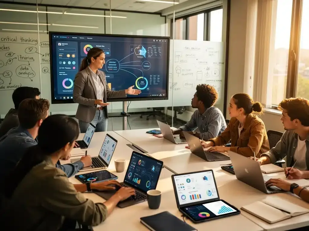 Teacher guiding Gen Z students with AI-generated data discussion