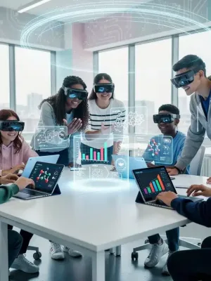 Gen Z students interacting with AI learning tools in a futuristic classroom