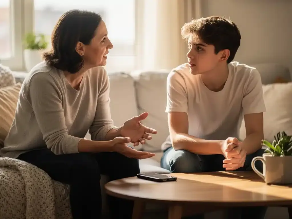 Parent and teenager discussing screen time boundaries and digital well-being.