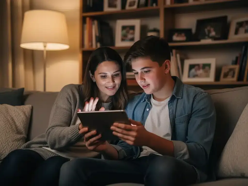 Parent and teen discussing online safety and digital boundaries