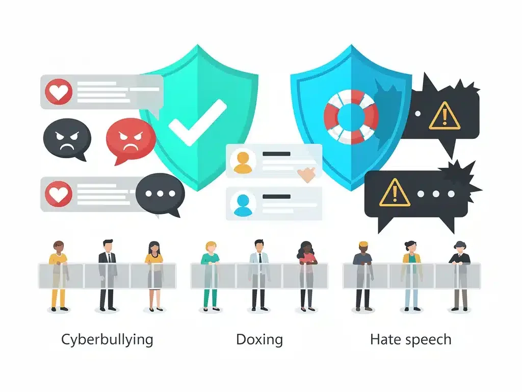Infographic showing digital protection against online harassment for youth